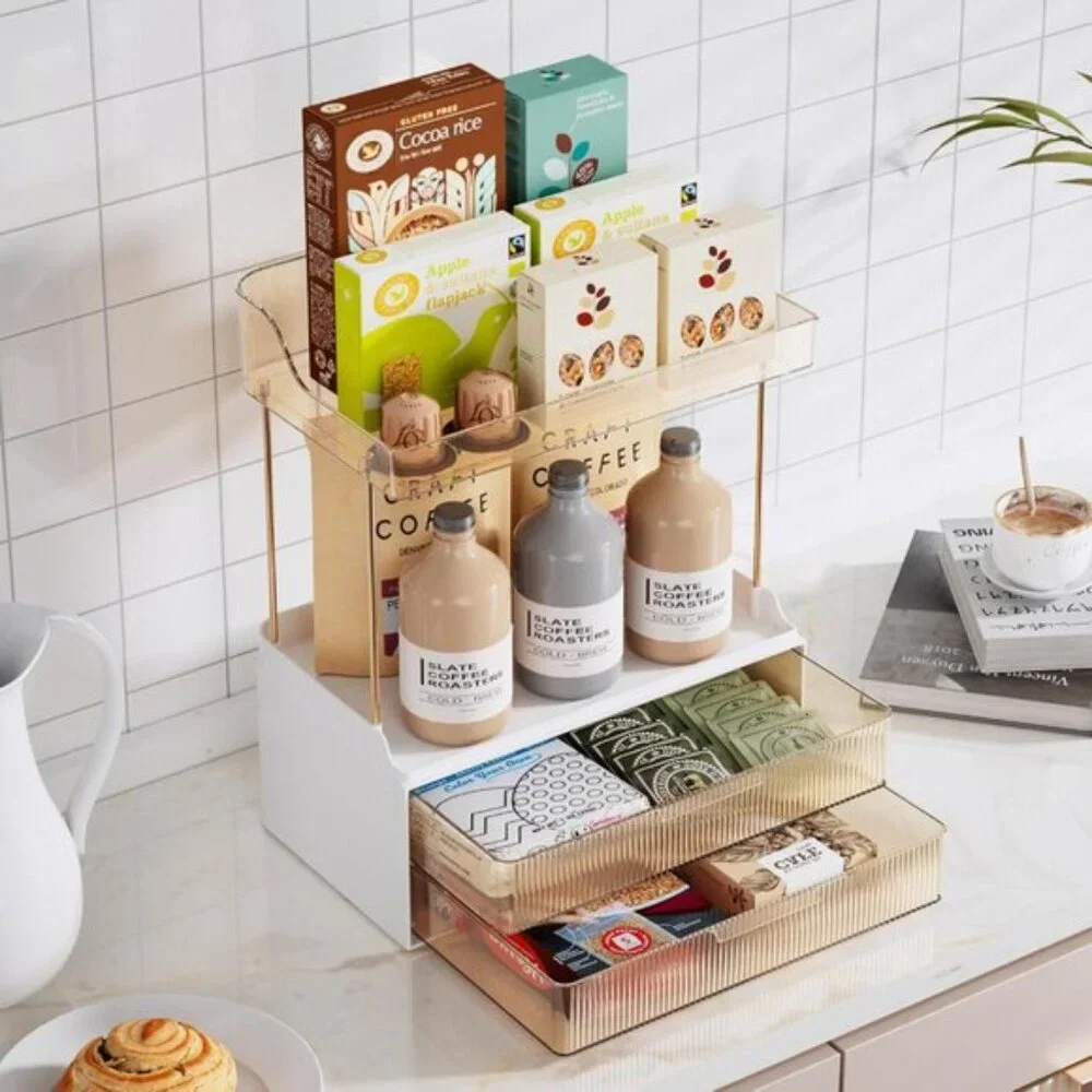 New 2-Tier Bathroom Organizer with Drawers, Amber Countertop Storage for Vanity